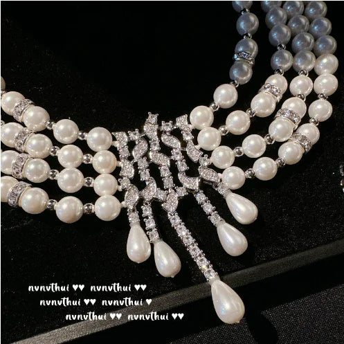 2023 Women Morning Dew Water Drops Honeycomb Gem Multilayer Pearl Necklace Tahiti Seawater Mabei Pearl Zircon Earrings