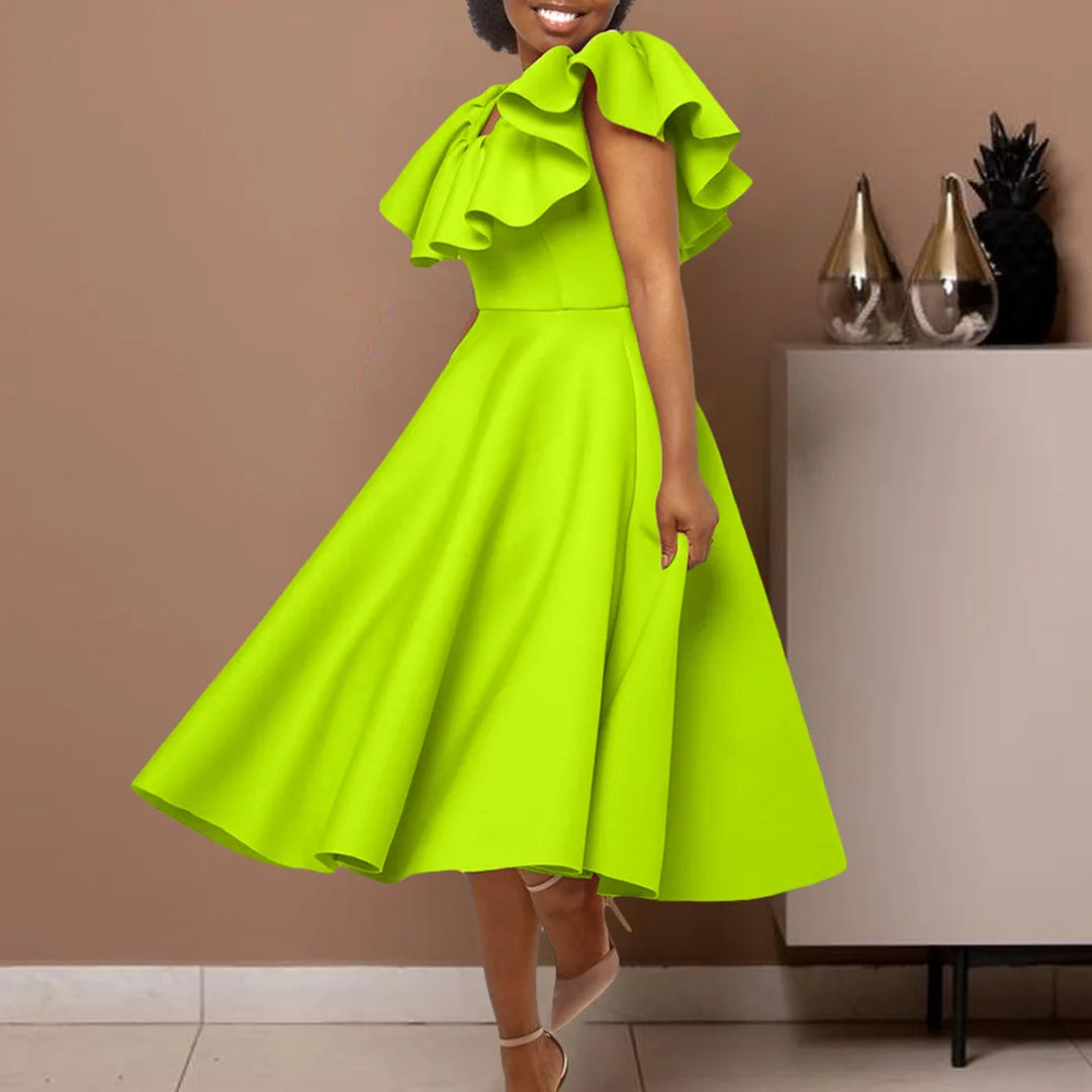 FairyShely 2025 Ruffle Short Sleeve Plus Size Dress Women Solid Large Big Ball Gown Dresses Lady Summer Party Tight Curvy Dress