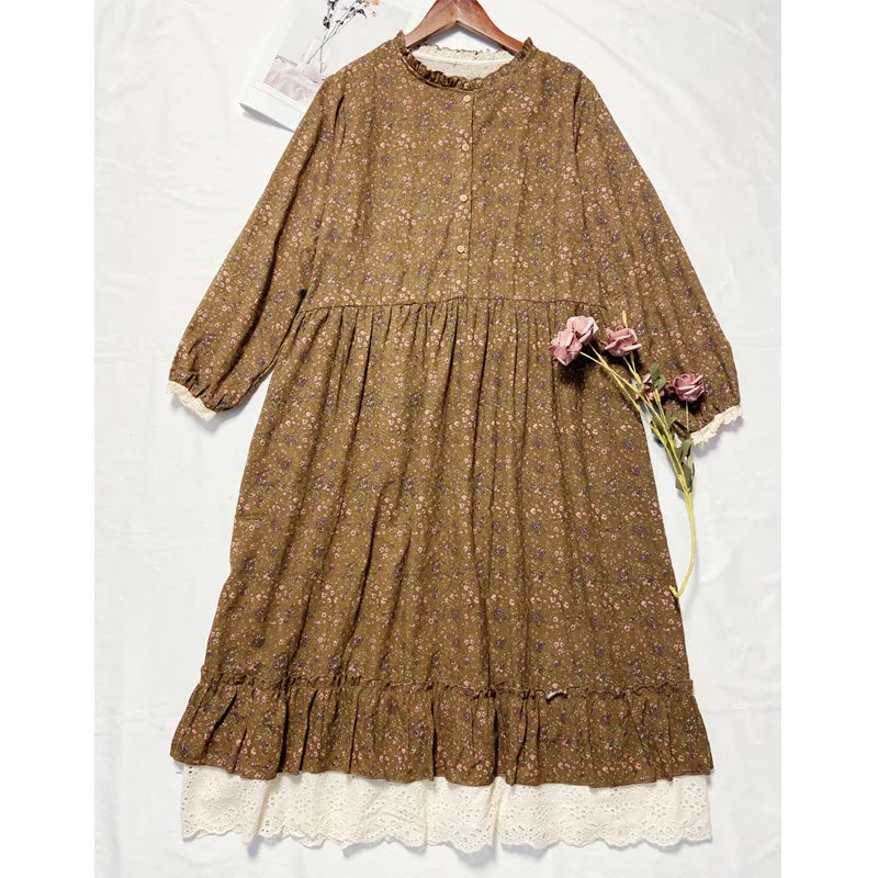 Japanese Fashion Print Dress Pretty Cotton Linen Spring Women New Floral Loose Long-sleeved Dress Midi Vestido de Mujer Clothes clothes
