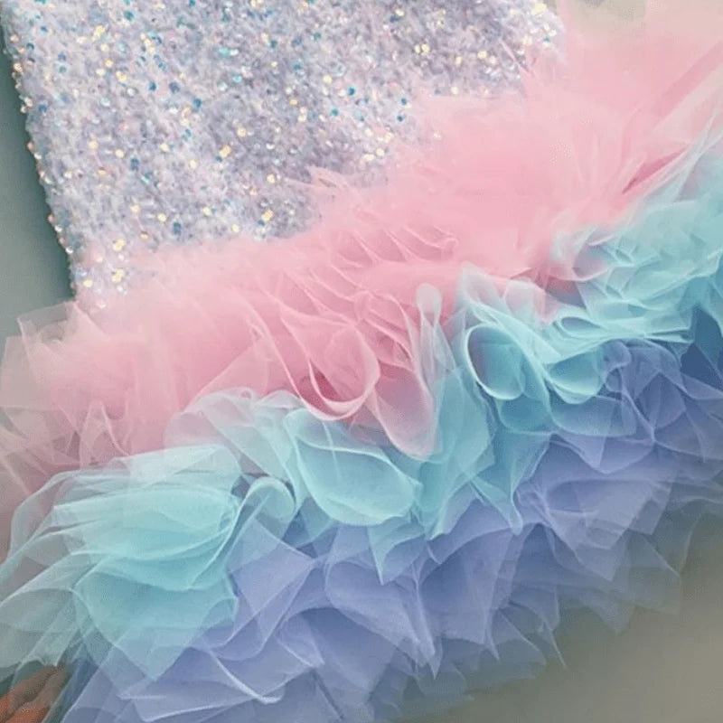 Baby Mädchen Prinzessin Feder Pailletten Kleid Säugling Kleinkind Kind Teenager Regenbogen Vestido Party Pageant Geburtstag Baby Kleidung 1-14Y