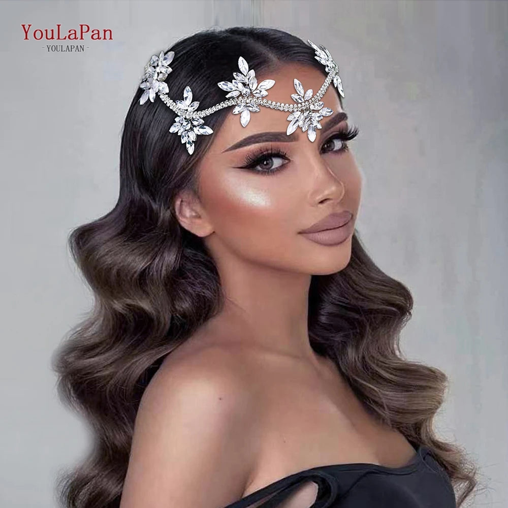 YouLaPan Crystal Flowers Hairpiece Bridal Wedding Hair Accessories Handmade Rhinestone Forehead Tiara Crown for Bride HP618
