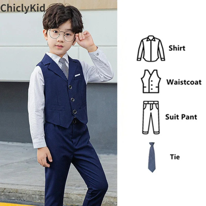 Boy Plaid Vest Blazer Kids Waistcoat Wedding Clothes Set Toddler Formal Dress Suit Child Brooch Shirt Pant Baby Gentlemen Outfit