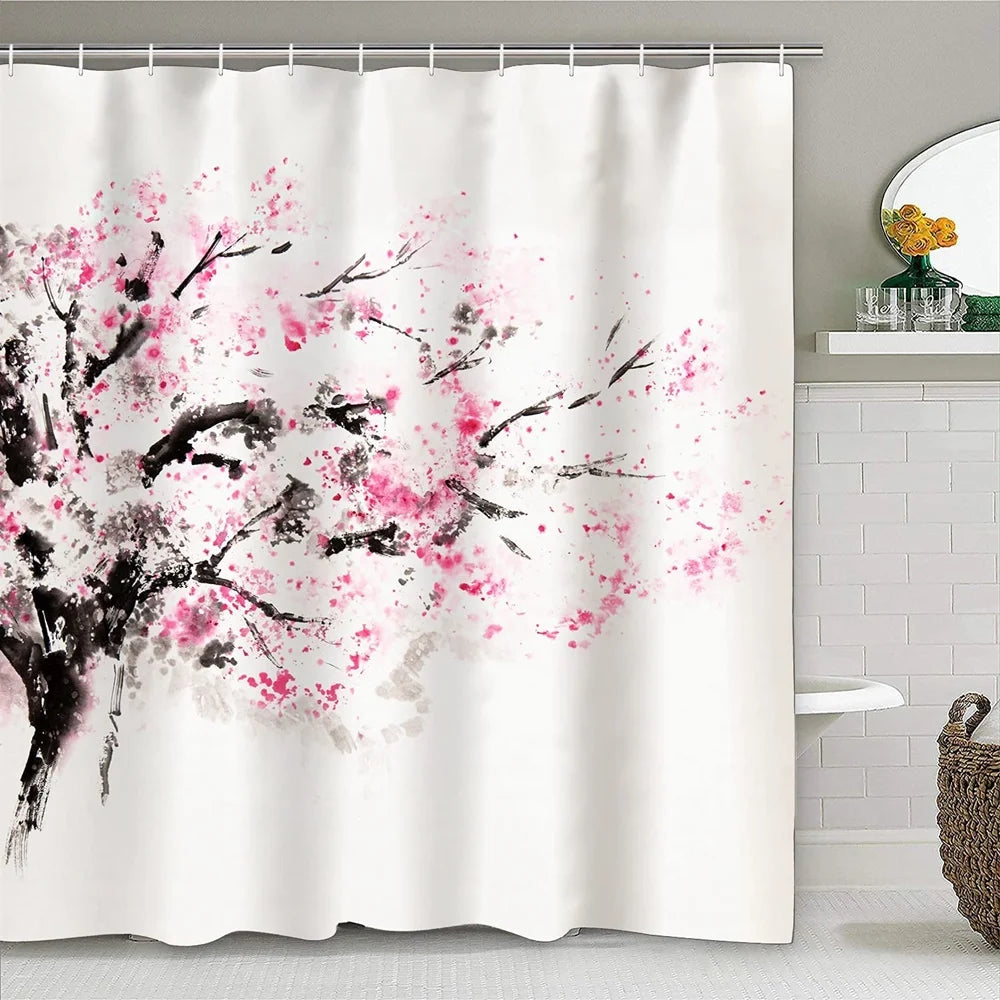 Japanese Cherry Blossom Shower Curtain Set Non-Slip Rug Toilet Lid Cover Bath Mat Spring Sakura Flower Pastoral Bathroom Curtain