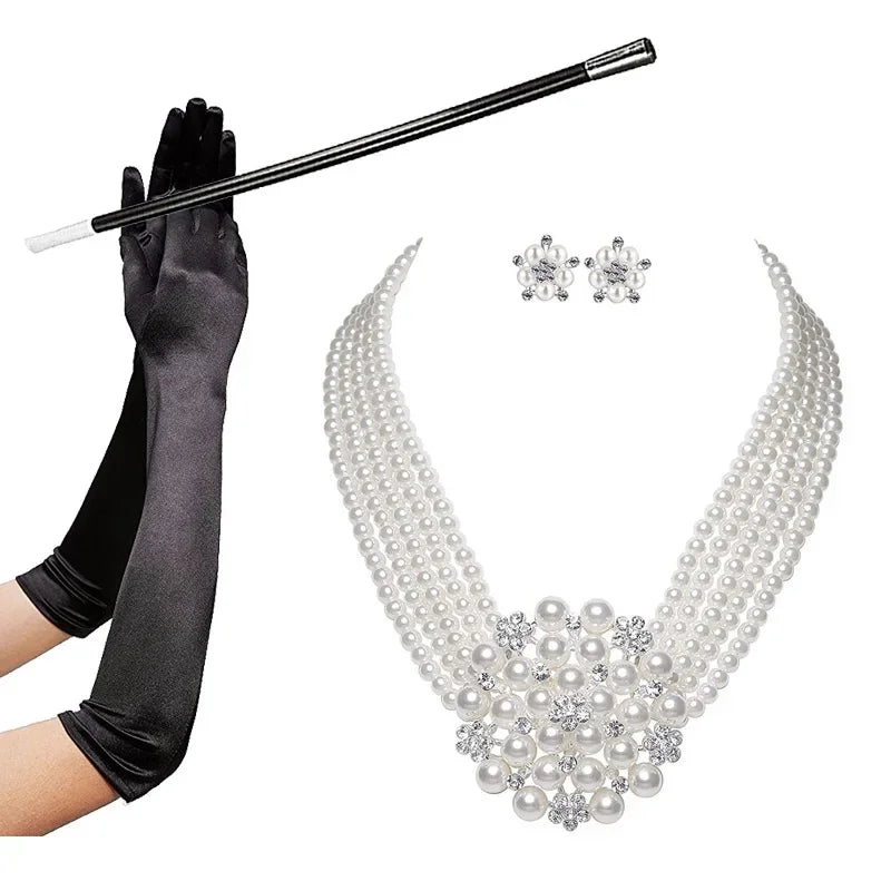 Audrey Hepburn Breakfast at Tiffanys 1950s Costume Jewelry Accessory Set Pearl Necklace Earring Bracelet Glove Cigarette Holder
