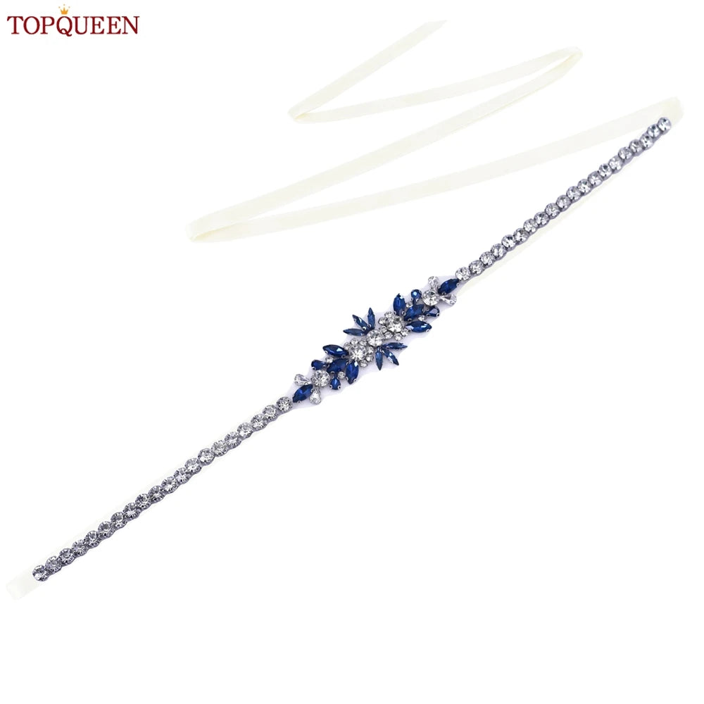 TOPQUEEN Blue Diamond Bridal Ribbon Belt Banquet Evening Dress Jewelry Sash Wedding Accessories Women Waist Decoration S166-ML