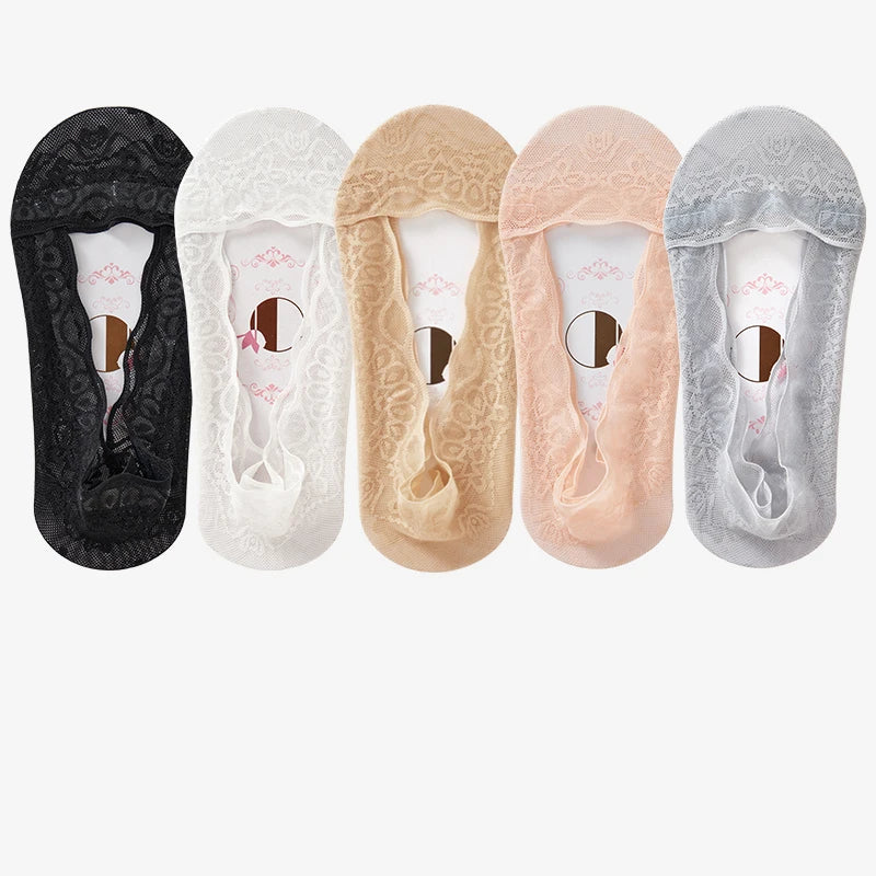 5pairs Summer Women Girl Silica Gel Lace Boat Socks Invisible Cotton Sole Non-slip Antiskid Slippers Anti-Slip Short Ankle Socks