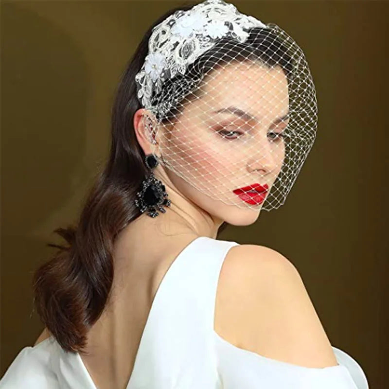 White Headband Veil for Bridal Crystal Birdcage Black Face Net Mask Hair Jewelry Accessories Veils Charming Wedding Fascinators