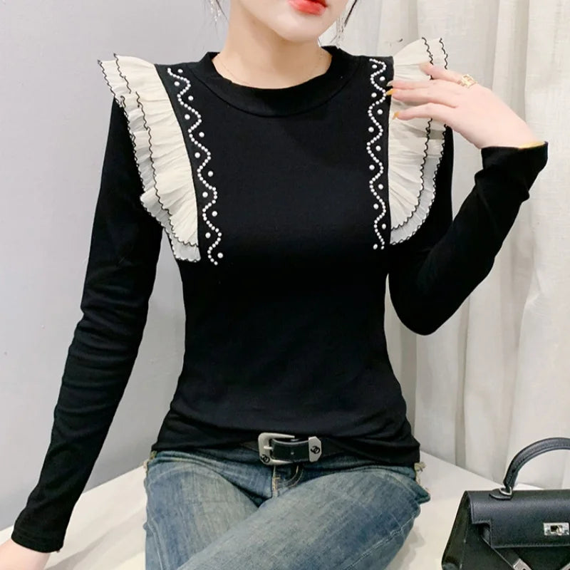 2025 New European Clothes Women Cotton T-shirt Chic O-Neck Patchwork Ruffles Diamonds Beading Tops Spring Long Sleeve Tees