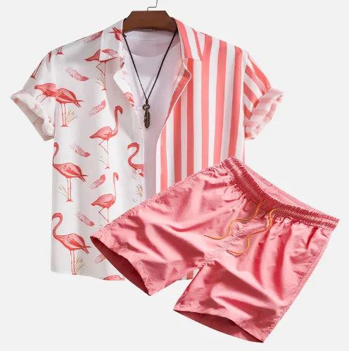 Hawaiian Flamingo Strip Printed Set Casual Streetwear Button Short Sleeve Shirt, Two-piece mon