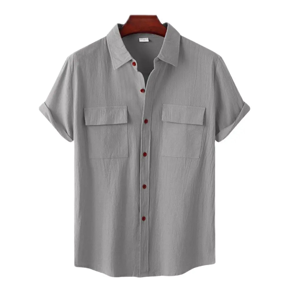 Men Short Sleeve Linen Shirts ,Black Soft Blouse Vintage Casual Stand Pocket Tops mon