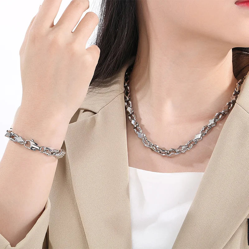 KALEN Vintage Rhombic Chain Bracelet Necklace for Men Women Punk Stainless Steel Jewelry Set Hollowing Chain Accessories Gift