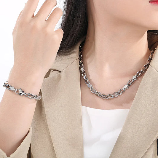 KALEN Vintage Rhombic Chain Bracelet Necklace for Men Women Punk Stainless Steel Jewelry Set Hollowing Chain Accessories Gift