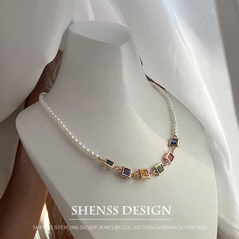 Imitation Pearl Square Zircon necklace Copper Plated 14k Gold Accessories