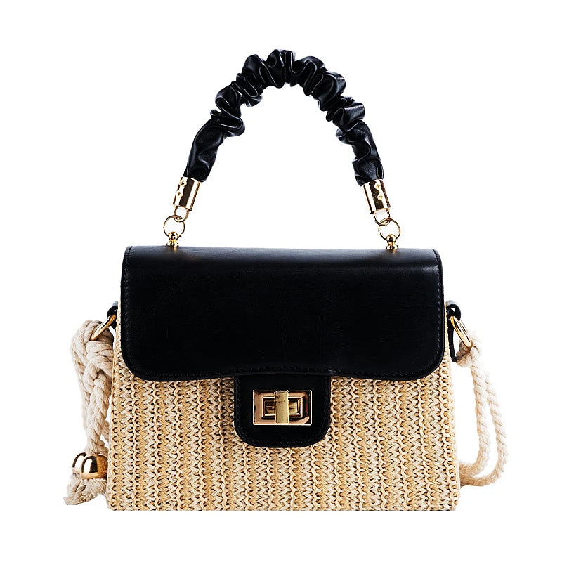 Straw Beach Bag for Women Summer Pleated Handle Luxury Designer Bag Contrast Color Crossbody Purse and Handbag Lady Bolsos