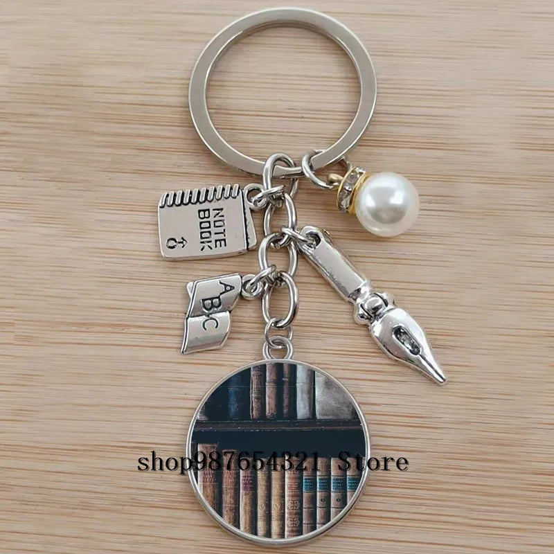 Classic Library Books Keychain Vintage Old Books Key Chain Librarians Key Ring Gift for Nerd Bookworm Writer Teacher
