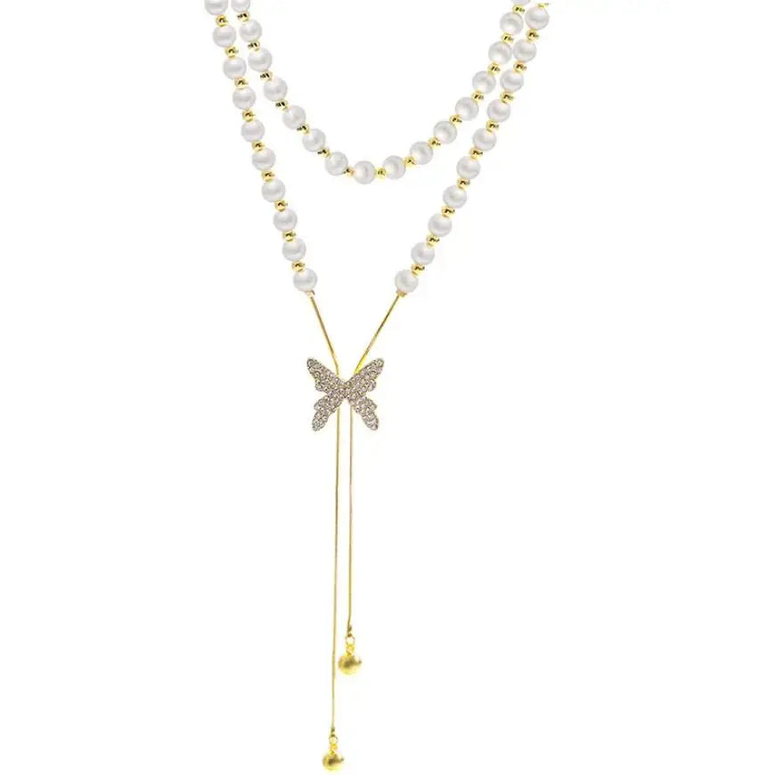 Fashion Personal Butterfly Pearl Long Pendant Tassels Necklace For Women Party Accessories Dangle Necklace Custom Jewelry