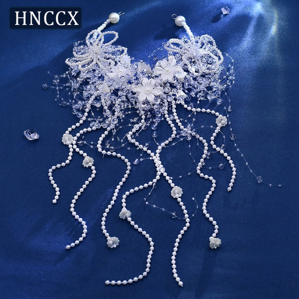 HNCCX Trendy White Color Pearl Flower Headband Bridal Tiara For Women Bride Pearl Tassel Luxury Wedding Hair Accessories CP741 