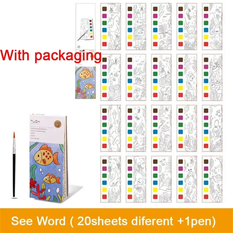 Portable Children Watercolor Painting Book 20 Sheets Gouache Graffiti Picture 1 Pen Coloring Water Drawing Books Set Kids Toy