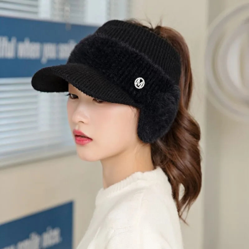Autumn Winter Hollow Top Knitted Woolen Bomber Hat Ear Protection Thickened Warm Women's Fashion Baseball Hat Knitted Woolen Cap