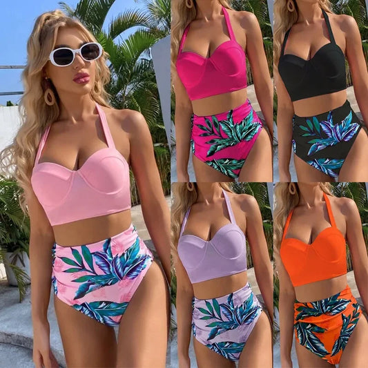 Leaf Floral Bikini Set Women Backless High-Waisted Two Pieces Swimwear