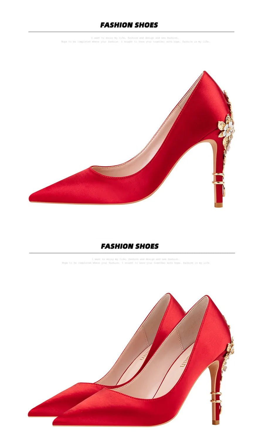 Luxury Metal Flowers Heel Crystal Bridal Shoes For Women Pointed Soft Silk Dress Shoe Shallow Sexy High Heels Pumps Female Party