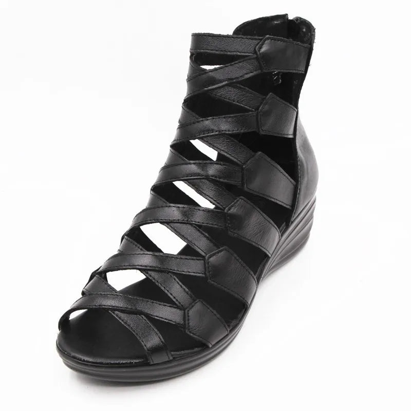 BEYARNE summer Fashion sandals genuine leather soft outsole comfortable open toe wedges mother shoes flat sandals