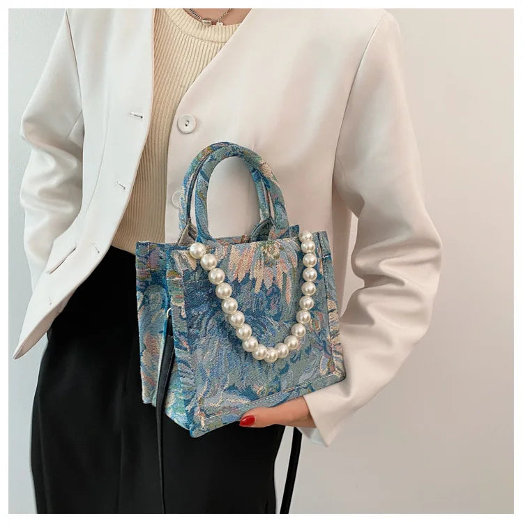 Unusual Design Denim Handbags for Women New Luxury Woman Canvas Tote Bag Pearl Bead Decorated Diagonal Cross bag Femme