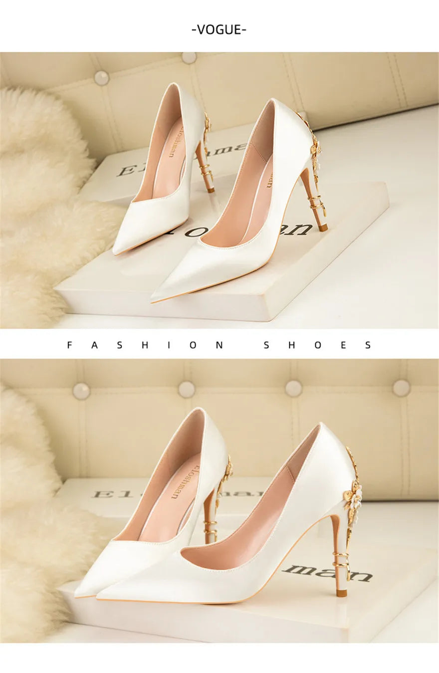 Luxury Metal Flowers Heel Crystal Bridal Shoes For Women Pointed Soft Silk Dress Shoe Shallow Sexy High Heels Pumps Female Party