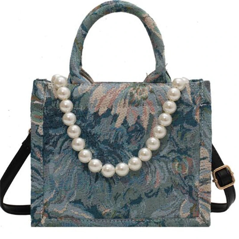 Unusual Design Denim Handbags for Women New Luxury Woman Canvas Tote Bag Pearl Bead Decorated Diagonal Cross bag Femme