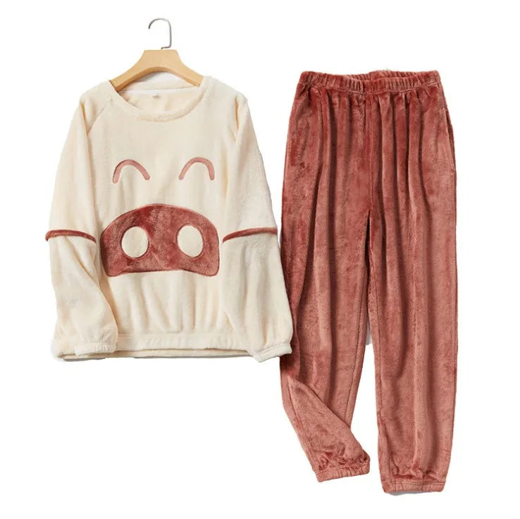 2 Piece Set Flannel Couple Cartoon Style Loose and Thick to Keep Warm Sleepwear Women Pajamas