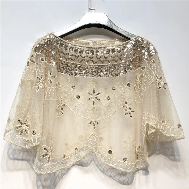 Elegant Baroque Sequin Embroidery Shawl - 1920s Flapper Party Cover Up - Solid Color & Breathable Mesh