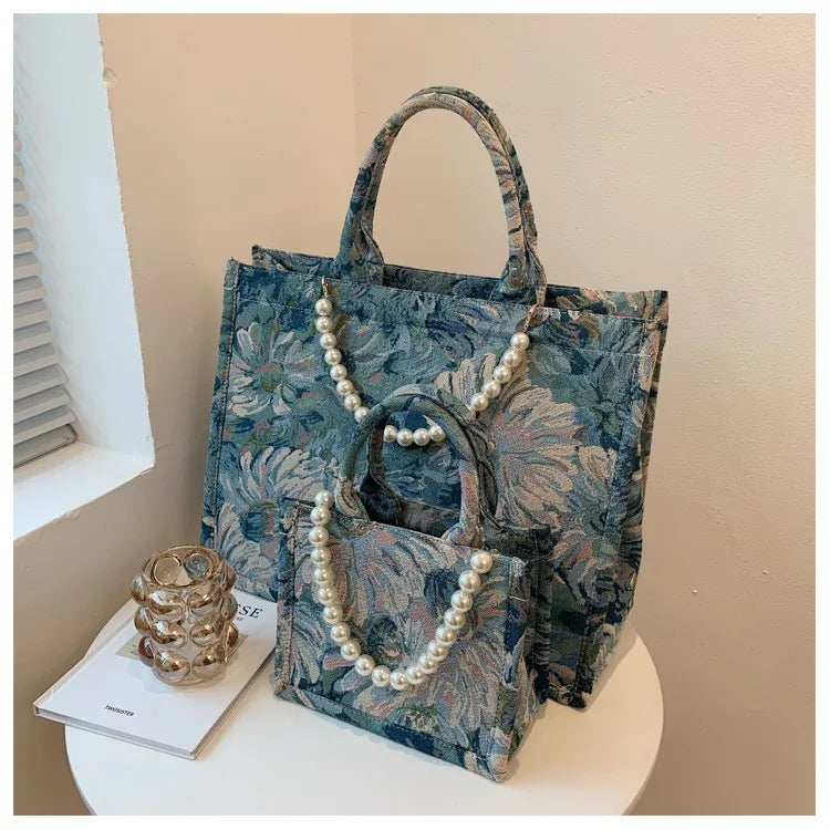 Unusual Design Denim Handbags for Women New Luxury Woman Canvas Tote Bag Pearl Bead Decorated Diagonal Cross bag Femme