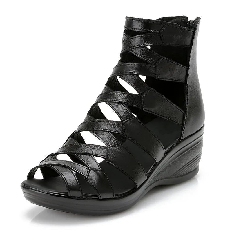 BEYARNE summer Fashion sandals genuine leather soft outsole comfortable open toe wedges mother shoes flat sandals