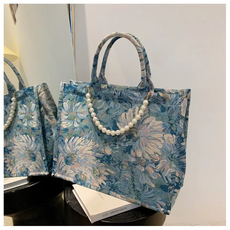 Unusual Design Denim Handbags for Women New Luxury Woman Canvas Tote Bag Pearl Bead Decorated Diagonal Cross bag Femme