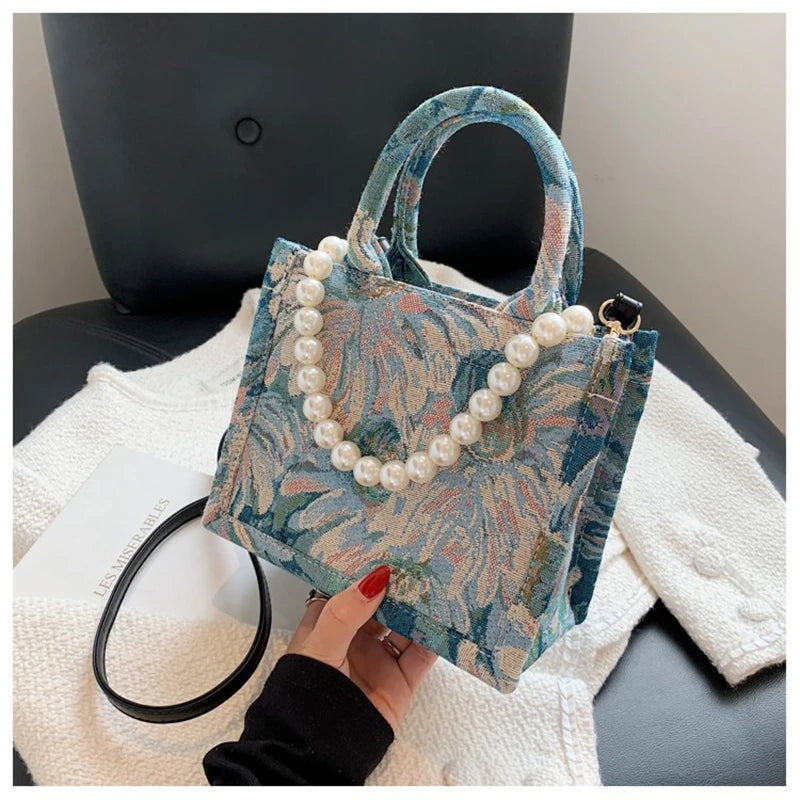 Unusual Design Denim Handbags for Women New Luxury Woman Canvas Tote Bag Pearl Bead Decorated Diagonal Cross bag Femme
