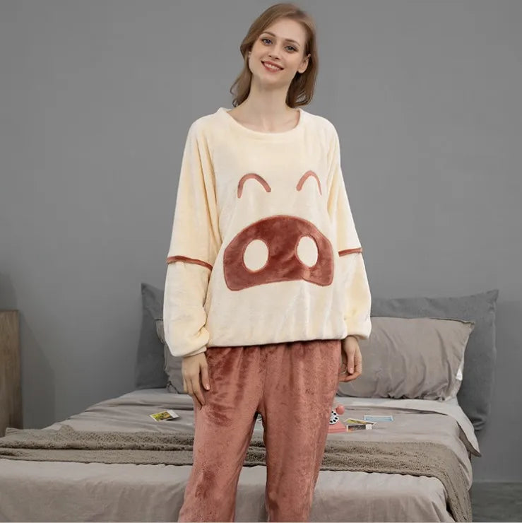 2 Piece Set Flannel Couple Cartoon Style Loose and Thick to Keep Warm Sleepwear Women Pajamas