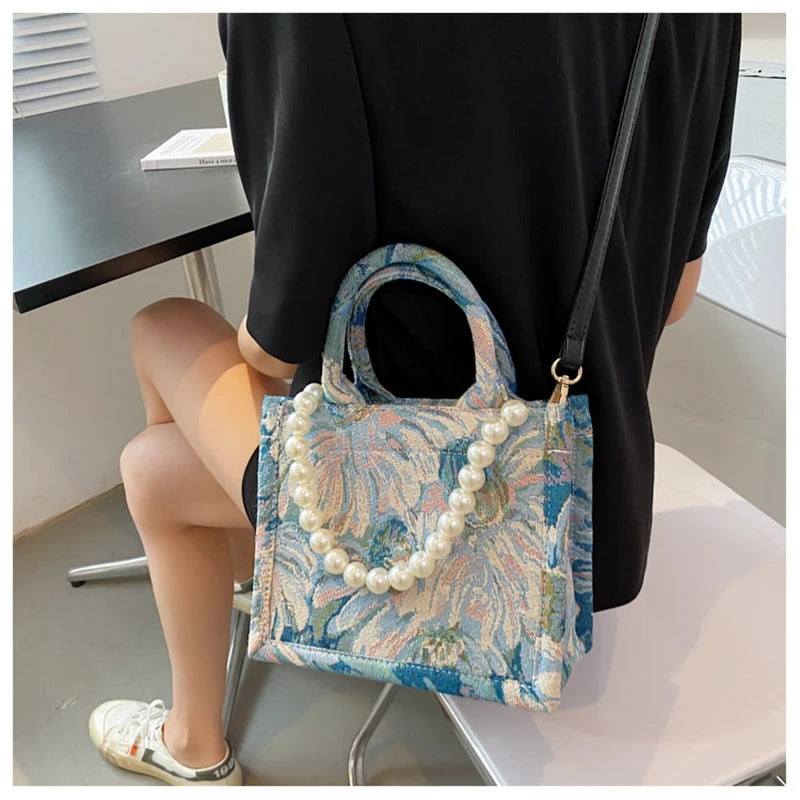 Unusual Design Denim Handbags for Women New Luxury Woman Canvas Tote Bag Pearl Bead Decorated Diagonal Cross bag Femme