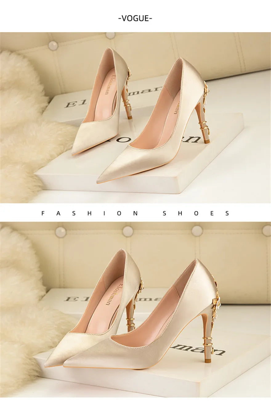 Luxury Metal Flowers Heel Crystal Bridal Shoes For Women Pointed Soft Silk Dress Shoe Shallow Sexy High Heels Pumps Female Party