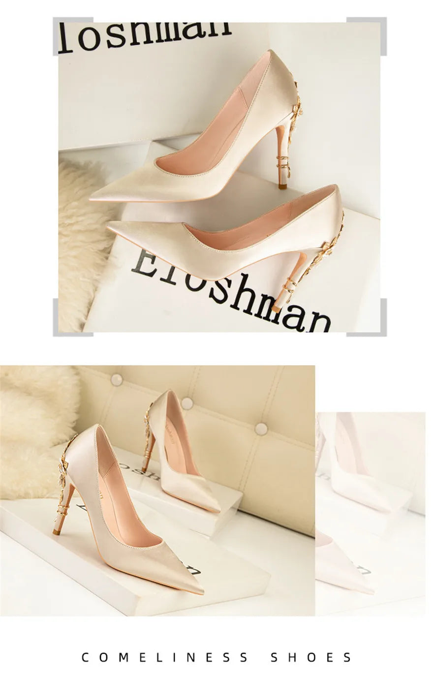 Luxury Metal Flowers Heel Crystal Bridal Shoes For Women Pointed Soft Silk Dress Shoe Shallow Sexy High Heels Pumps Female Party
