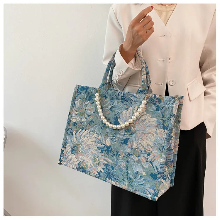 Unusual Design Denim Handbags for Women New Luxury Woman Canvas Tote Bag Pearl Bead Decorated Diagonal Cross bag Femme