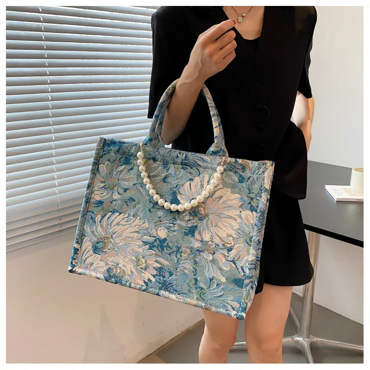 Unusual Design Denim Handbags for Women New Luxury Woman Canvas Tote Bag Pearl Bead Decorated Diagonal Cross bag Femme