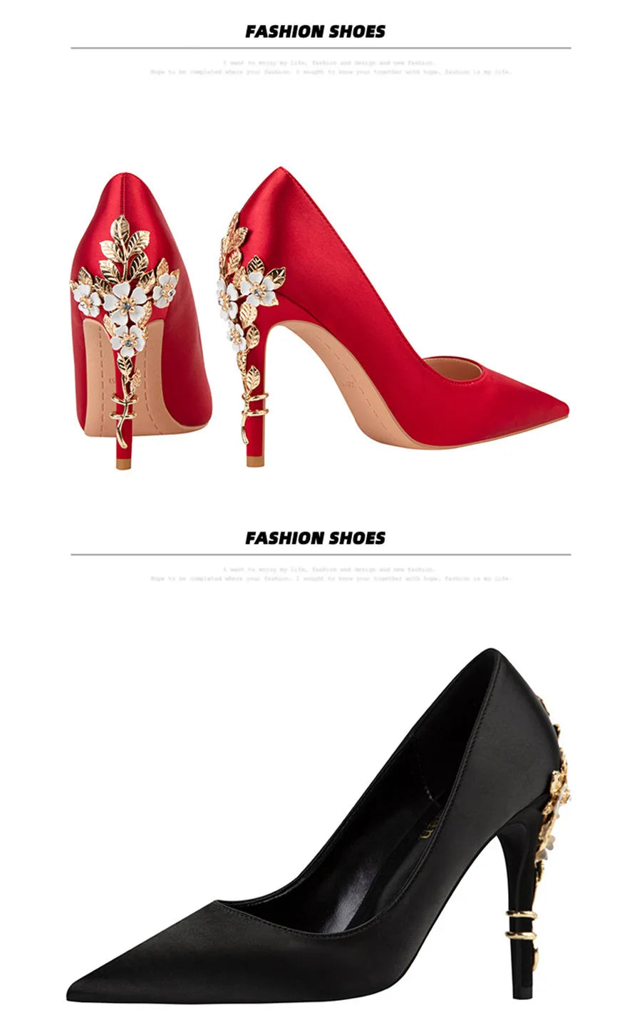 Luxury Metal Flowers Heel Crystal Bridal Shoes For Women Pointed Soft Silk Dress Shoe Shallow Sexy High Heels Pumps Female Party