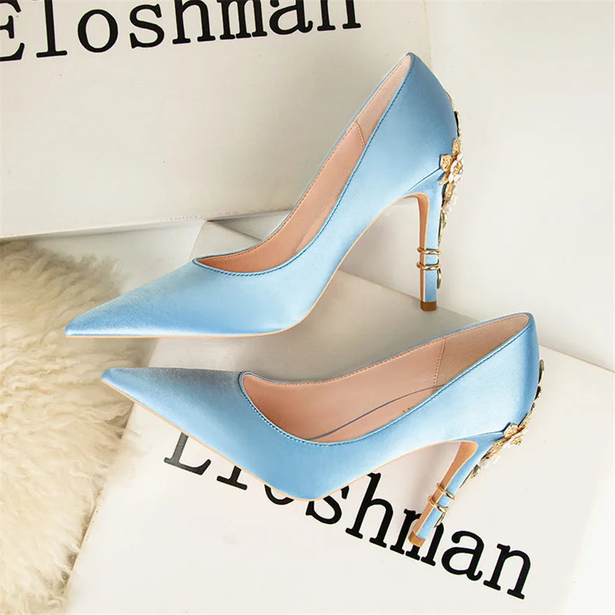 Luxury Metal Flowers Heel Crystal Bridal Shoes For Women Pointed Soft Silk Dress Shoe Shallow Sexy High Heels Pumps Female Party