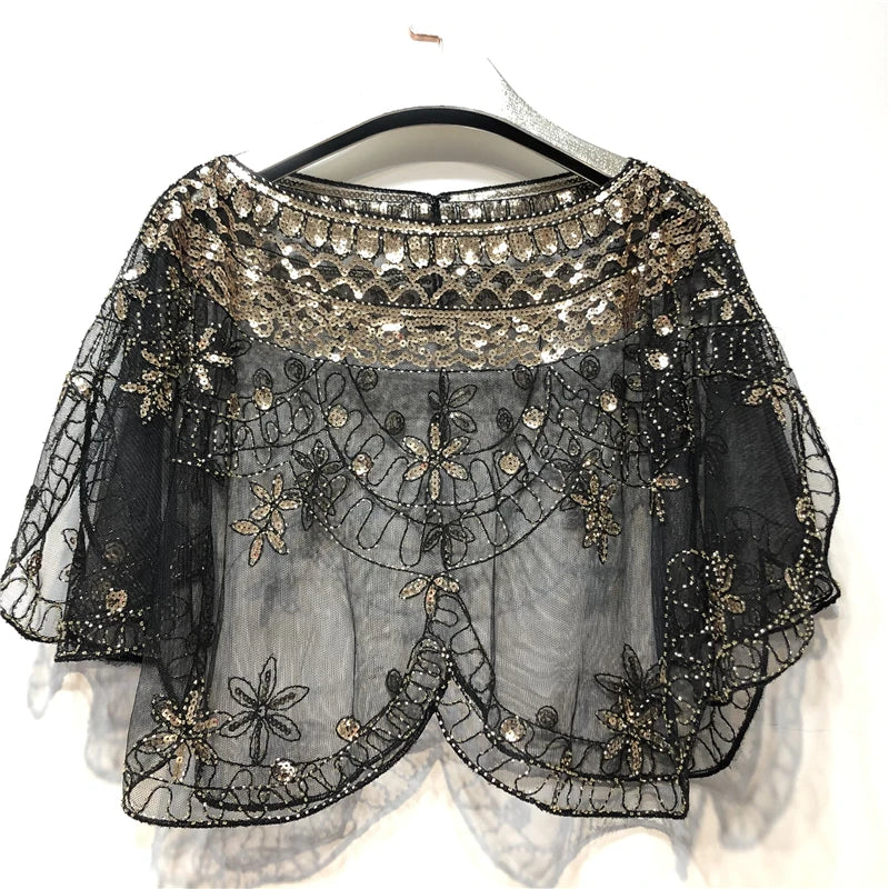 Elegant Baroque Sequin Embroidery Shawl - 1920s Flapper Party Cover Up - Solid Color & Breathable Mesh