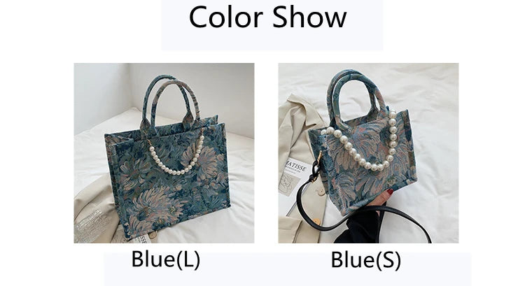 Unusual Design Denim Handbags for Women New Luxury Woman Canvas Tote Bag Pearl Bead Decorated Diagonal Cross bag Femme