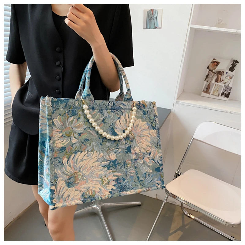 Unusual Design Denim Handbags for Women New Luxury Woman Canvas Tote Bag Pearl Bead Decorated Diagonal Cross bag Femme