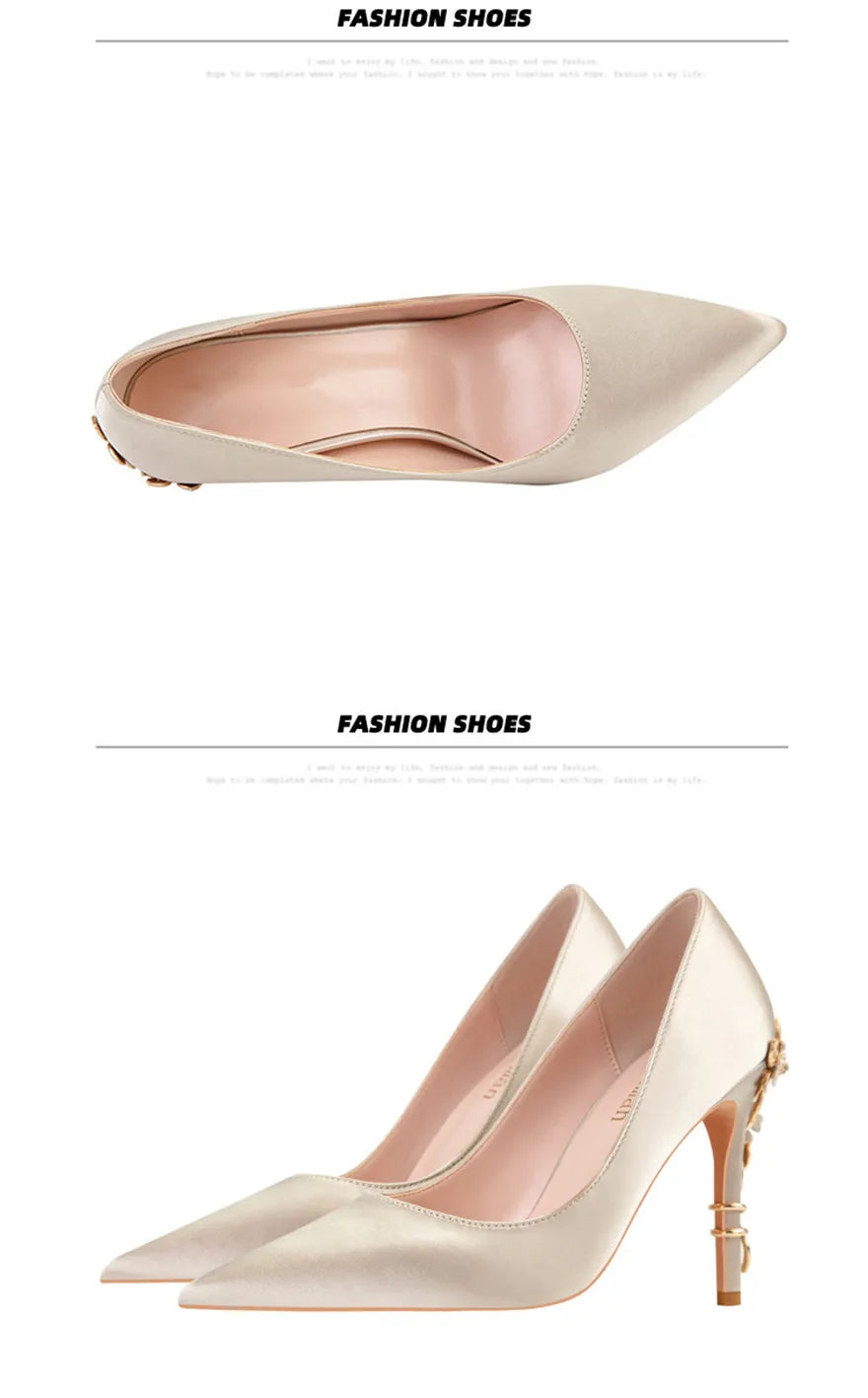 Luxury Metal Flowers Heel Crystal Bridal Shoes For Women Pointed Soft Silk Dress Shoe Shallow Sexy High Heels Pumps Female Party