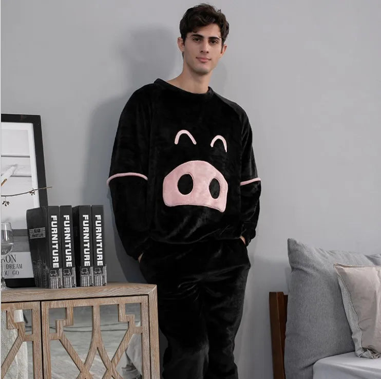 2 Piece Set Flannel Couple Cartoon Style Loose and Thick to Keep Warm Sleepwear Women Pajamas