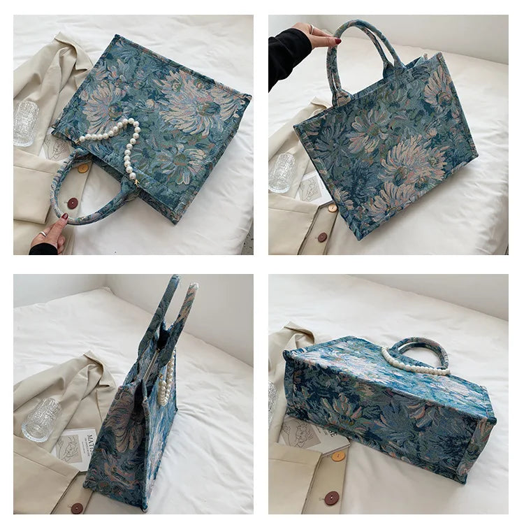 Unusual Design Denim Handbags for Women New Luxury Woman Canvas Tote Bag Pearl Bead Decorated Diagonal Cross bag Femme