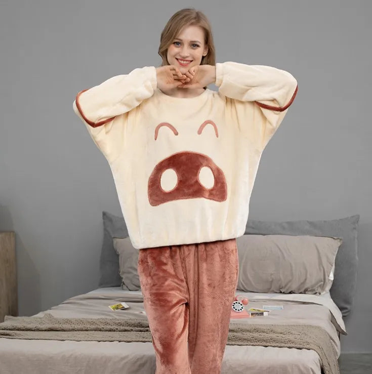 2 Piece Set Flannel Couple Cartoon Style Loose and Thick to Keep Warm Sleepwear Women Pajamas